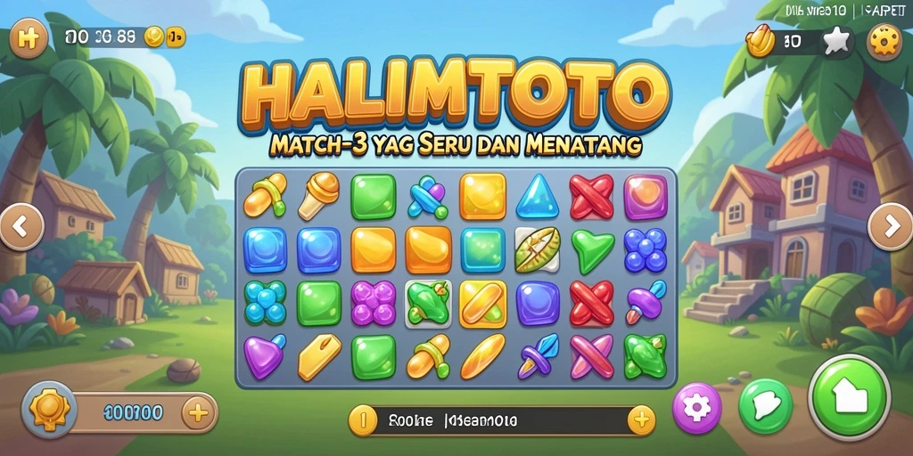 Tampilan menarik dari gameplay HALIMTOTO dengan batu permata berwarna-warni.