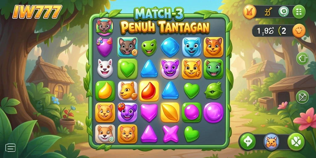 Tampilan gameplay IW777 yang menarik dalam permainan Match-3.