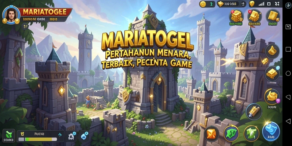 Tampilan gameplay MARIATOGEL menampilkan menara berjaga melawan gelombang musuh.