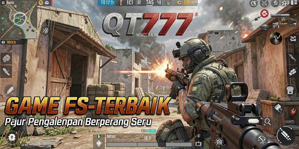 Screenshot utama QT777 menampilkan aksi tembak-menembak yang seru dan intens.
