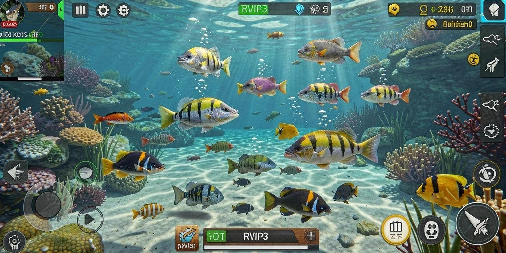 Tangkapan layar utama RVIP3 menampilkan aksi seru menembak ikan.